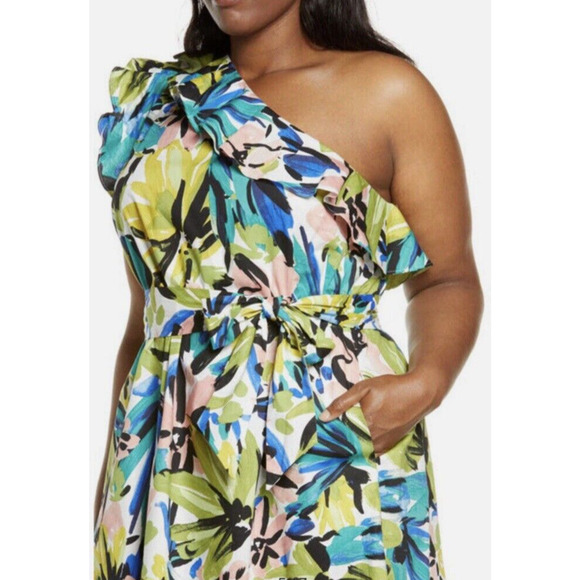Donna Morgan Women's Cotton Floral Ruffle One Shoulder Midi Dress 14W Artsy Bold - Picture 3 of 14